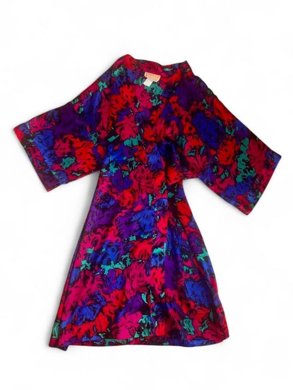 Vintage 80s Inhibitions Satin Floral Kimono Robe Jewel Tone Dressing Gown